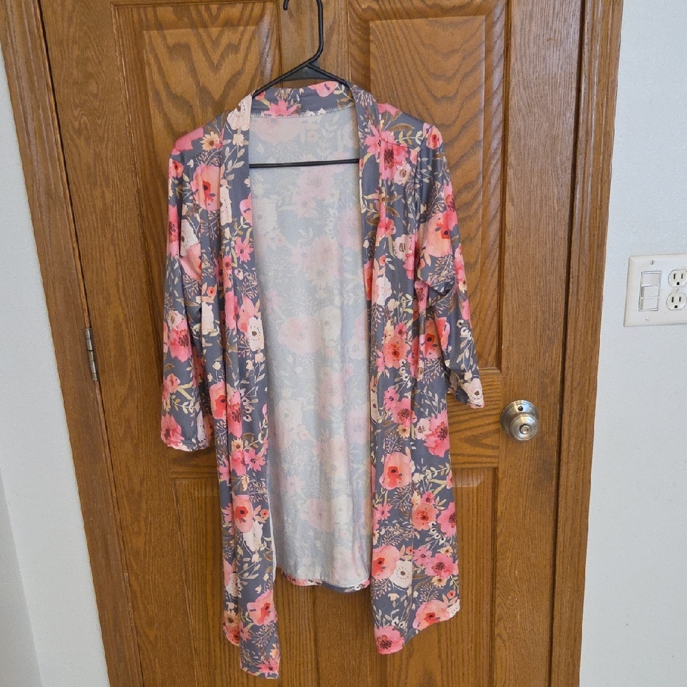 Floral Open-Front Kimono Cardigan/Robe - Pink & Gray